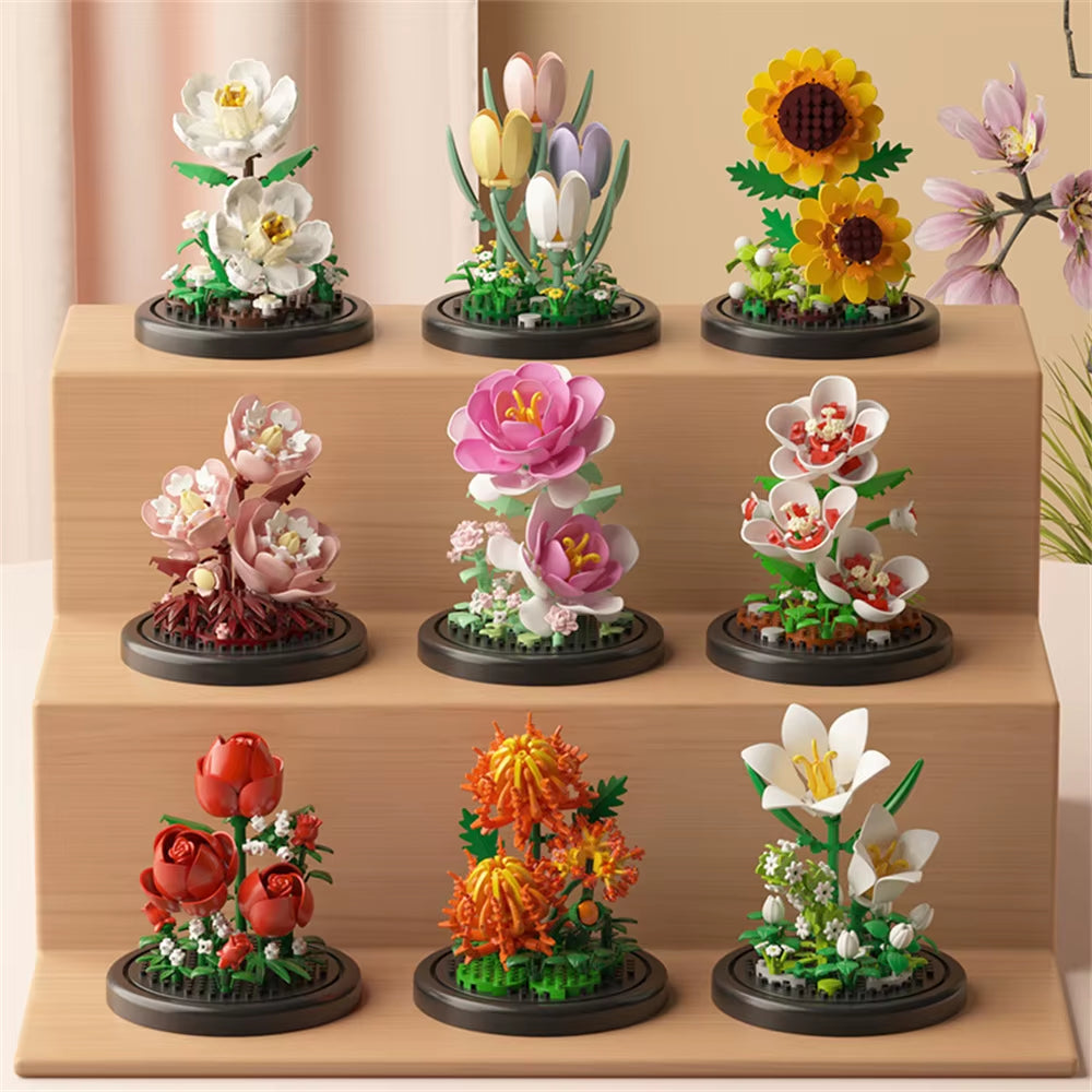Eternal Flower Bouquet Bonsai Potted Plant Micro Building Blocks Model Home Decoration Toy for Kid Birthday Gift